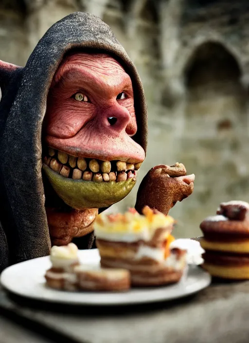 Image similar to closeup portrait of a medieval goblin eating cakes in the cloisters, depth of field, zeiss lens, detailed, symmetrical, centered, fashion photoshoot, by annie leibovitz and steve mccurry, david lazar, jimmy nelsson, breathtaking, 8 k resolution, extremely detailed, beautiful, establishing shot, artistic, hyperrealistic, beautiful face, octane render