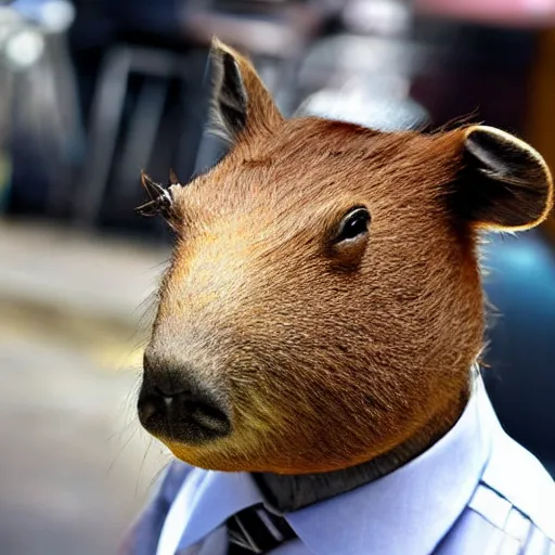 Image similar to smoking cigar, a man wearing a suit capybara head (smoking cigar)