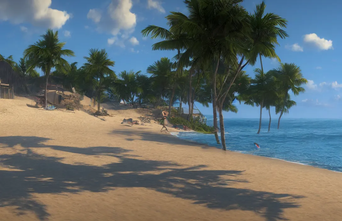 Image similar to on the beach by the sea, afternoon, very real, unreal engine rendering