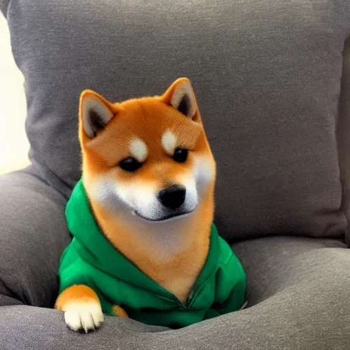 Image similar to a Shiba Inu wearing a green hoodie sitting on a couch, photo, trending on artstation, HDR, nicely detailed, 8k