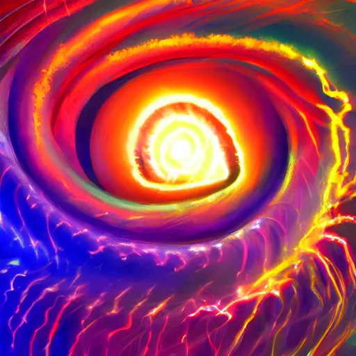 Image similar to spiral made of lightning, surrounded by dark clouds, eye in center, mystical, artstation, sunshine reflecting, stormy, colorful, hypervisions