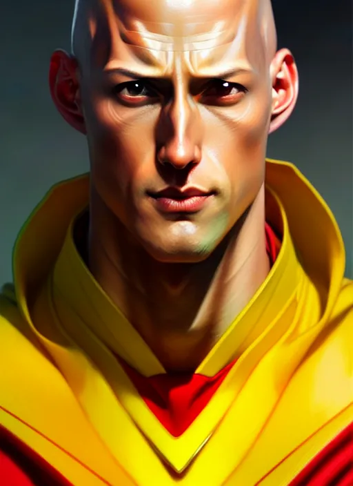 Image similar to ultra realistic illustration, handsome saitama. yellow and red cape, intricate, elegant, highly detailed, digital painting, artstation, concept art, smooth, sharp focus, illustration, art by artgerm and greg rutkowski and alphonse mucha and wlop