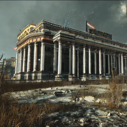 Image similar to Bolshoi Theater, Moscow in ruins post-nuclear war in Fallout 4, in game screenshot