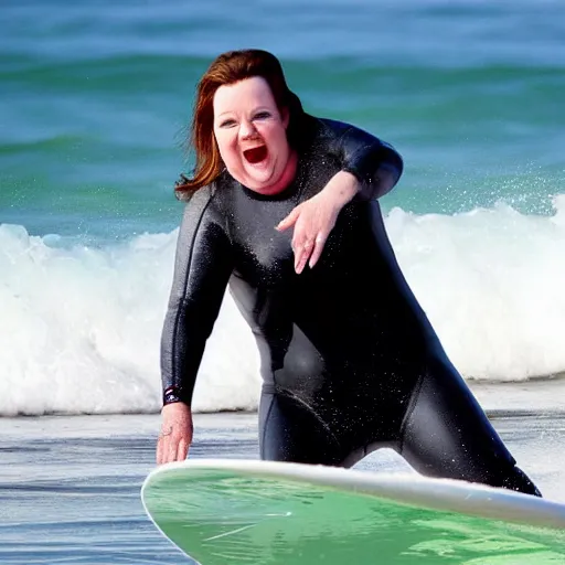 Prompt: photo of melissa mccarthy surfing a wave