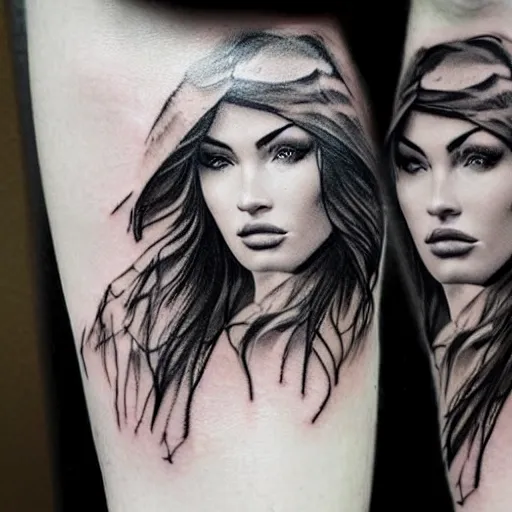 Image similar to hyper realistic tattoo sketch of megan fox face double exposure effect with a mountain scenery, in the style of matteo pasqualin, amazing detail, sharp