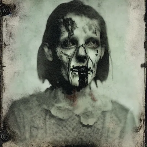 Prompt: tintype of a mangled zombie