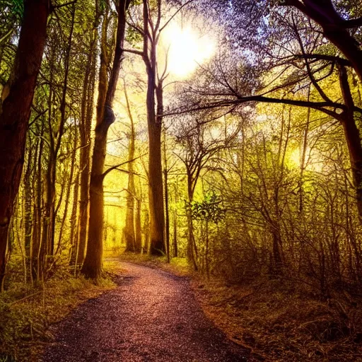 Prompt: woodland path golden hour wide angle, between the trees on the left is a portal to another land with bright sunlight inside, a silhouette of a humanoid stands in the portal, highly textured, adventurous