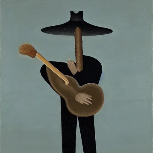 Image similar to a painting of a man playing the guitar by gertrude abercrombie. precisionism, surrealism, dark, low contrast, featured on pixiv, art on instagram, detailed painting