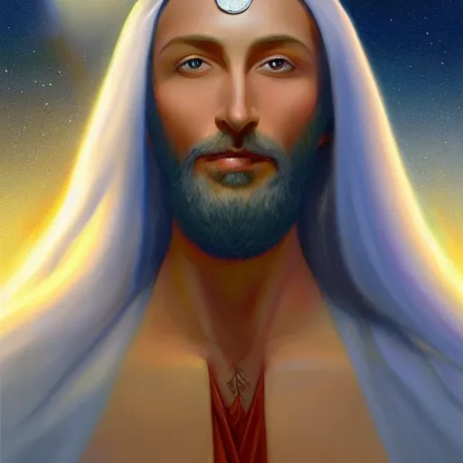 Image similar to a painting of Lindsay Sterling as the Messiah by Ross Tran, Bruce Timm and Vladimir Kush, highly detailed digital art, holy aura, serene expression