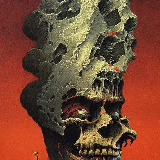 Prompt: painting of a woman climbing a mountain made of skulls in the style of beksinski