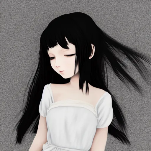 Image similar to little girl with an long black hair dressed in a simple white dress sleeping, anime art style, digital art ilya kuvshinov, inspired by balthus, hd, 4 k, hyper detailed, top view, dark, anatomically correct, angelic face