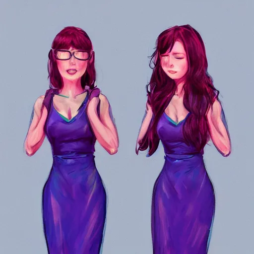 Image similar to twins wearing a purple and blue dress, full body shot, red hair, highly detailed, digital painting, artstation, concept art, smooth, sharp focus, illustration