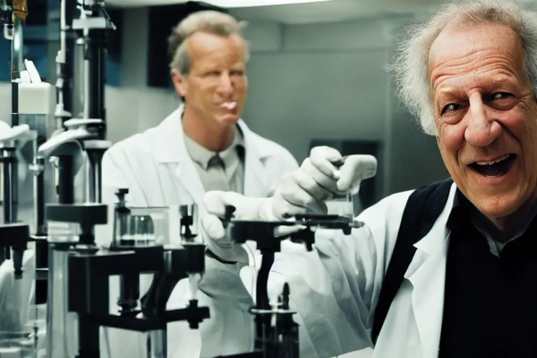 Image similar to an ultra realistic cinematic portrait of an evil male scientist smiling, stood in a lab, detailed, deep focus, movie still, dramatic lighting, by werner herzog