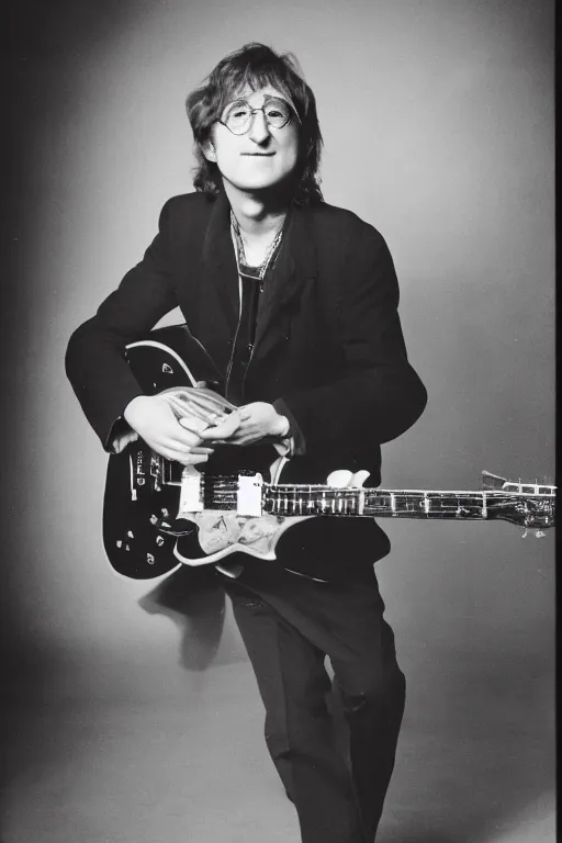 Prompt: 80 years old john lennon posing with a guitar , promo shoot, studio lighting