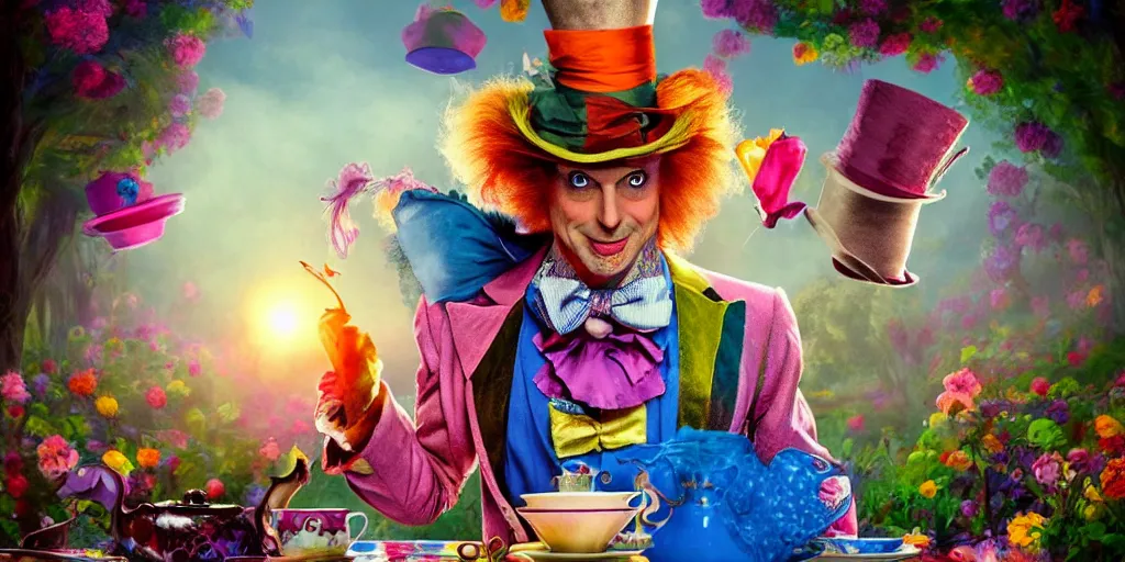 Image similar to The Mad Hatter, teaparty, alice in wonderland, colorful, wide angle, super highly detailed, professional digital painting, artstation, concept art, smooth, sharp focus, no blur, no dof, extreme illustration, Unreal Engine 5, Photorealism, HD quality, 8k resolution, cinema 4d, 3D, beautiful, cinematic, art by artgerm and greg rutkowski and alphonse mucha and loish and WLOP