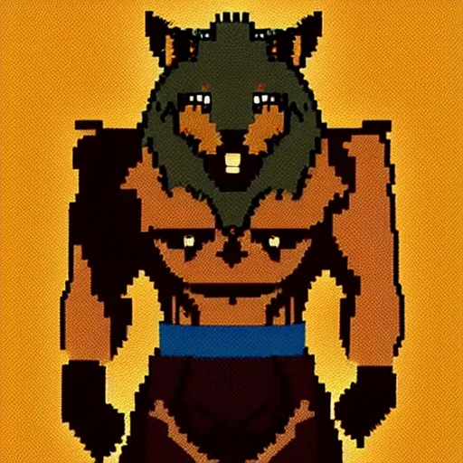 Image similar to full body portrait. 8 bit nes graphics. antropomorphic muscular masculine wolf. kickboxer fighter, in shorts. wolf head. furr on body. side view. postapocalyptic night city on background