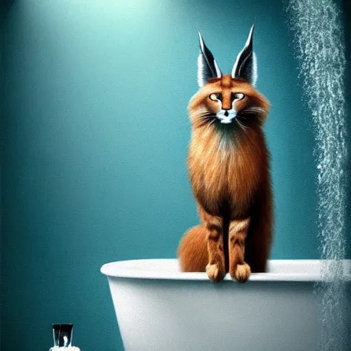 Prompt: hyperrealistic post - classical cinematic very expressive! cute fluffy caracal, body in water, bathtub, mirror dripping droplet!, digital art masterpiece, smooth cam de leon eric zener dramatic pearlescent teal light, ground angle uhd 8 k, sharp focus