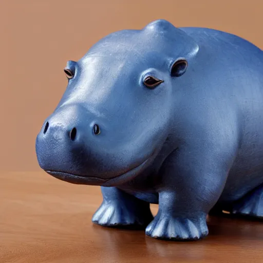 Image similar to a small hippo statue with natural wood belly and polished blue back