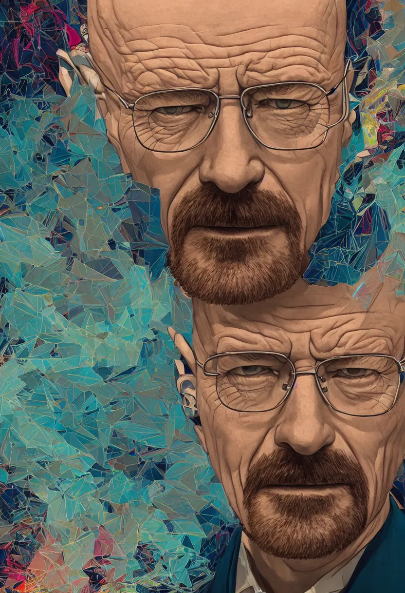 Prompt: Incredible close-up portrait of Walter White, artstation winner by Victo Ngai, Kilian Eng and by Jake Parker, swirly vibrant color lines, winning-award masterpiece, fantastically gaudy, aesthetic octane render, 8K HD Resolution