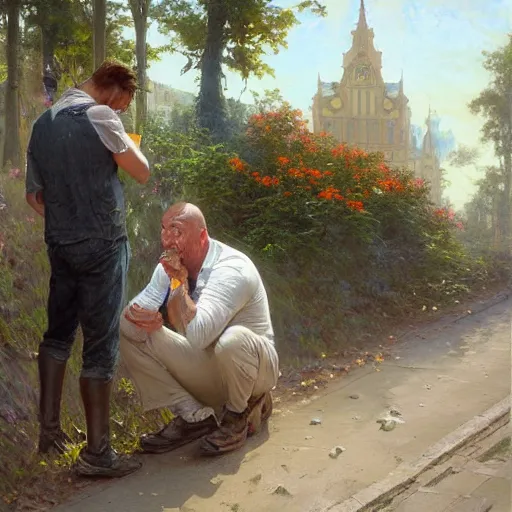 Image similar to alex jones begging on the side of the road, award winning painting by stanley artgerm lau, greg rutkowski, thomas kindkade, alphonse mucha, loish, norman rockwell,