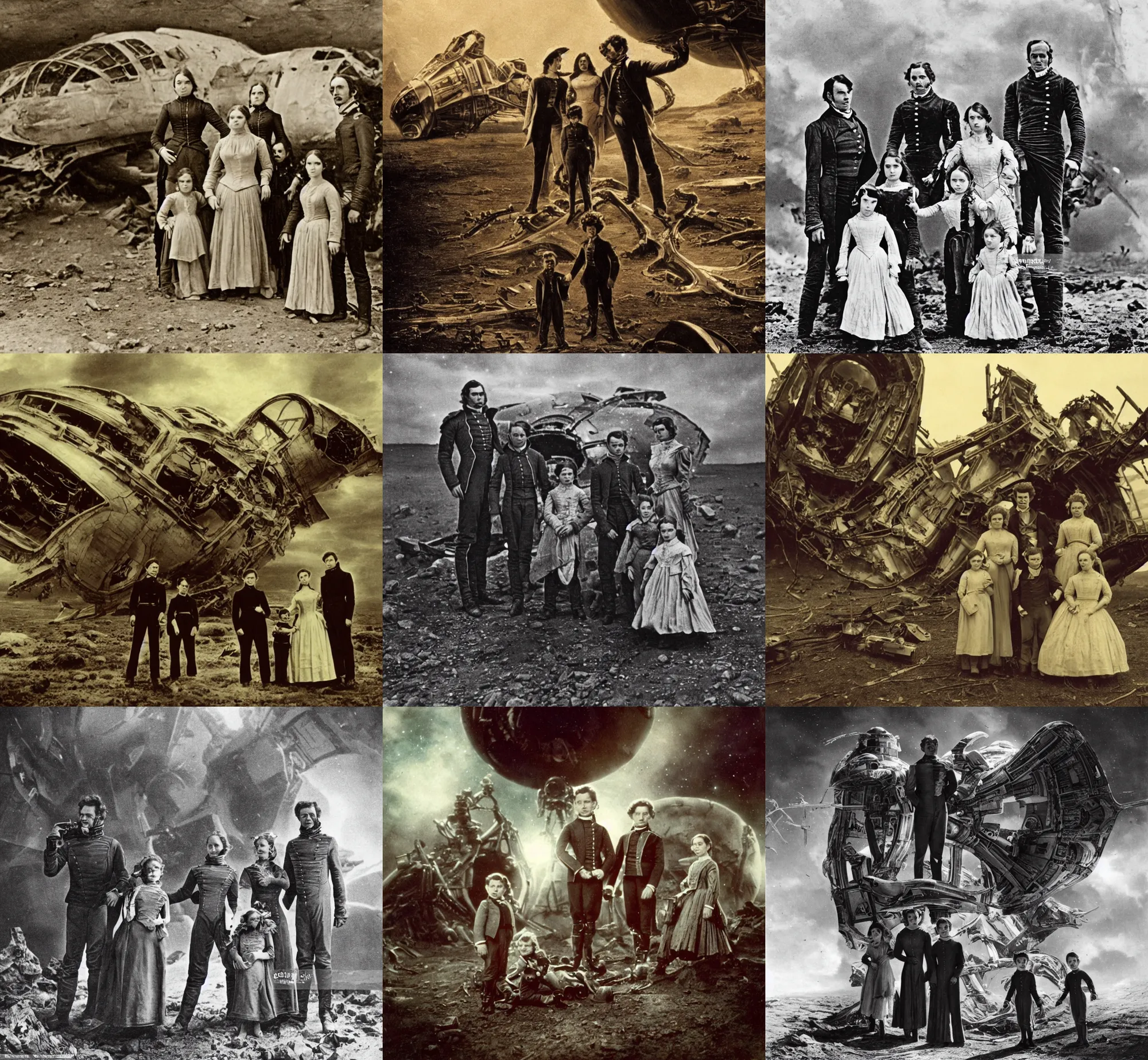 Prompt: extremely sharply detailed, from 9 9 k blockbuster sci fi color movie freeze frame, in 1 8 6 0, family standing in front of a crashed spaceship, on alien planet, looking happy, wearing 1 8 5 0 s era clothes, atmospheric lighting, in focus, reflective eyes, - 9 9 mm macro lens, live action, nice composition, good photography, clear facial details