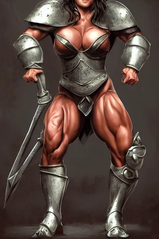 Prompt: fantasy character photo. imposingly tall, broadshouldered, muscular woman. pretty, phoebe tonkin. halfelf. short black hair. thick hypertrophied ripped sinewy swole steroid muscular arms and broad shoulders are bare. fully dressed, rest of body entirely covered by polished silver cobalt armor. built like female bodybuilder. fully dressed. female.