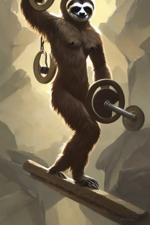 Image similar to anthro sloth lifting weights, dim dingy gym, dynamic pose, fantasy, intricate, elegant, highly detailed, digital painting, artstation, concept art, matte, sharp focus, illustration, art by artgerm and greg rutkowski and alphonse mucha