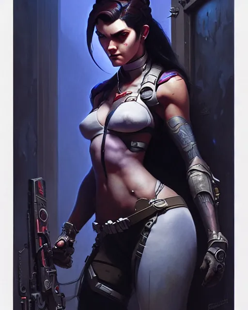 Image similar to widowmaker from overwatch, character portrait, concept art, intricate details, highly detailed by greg rutkowski, michael whelan and gustave dore