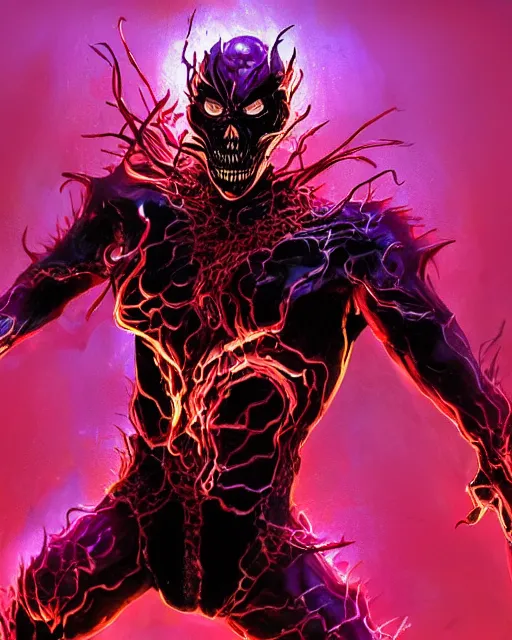 Image similar to ghost rider symbiote, purple and red variant, dynamic lighting, fantasy concept art, trending on art station, stunning visuals, creative, cinematic, ultra detailed, comic strip style