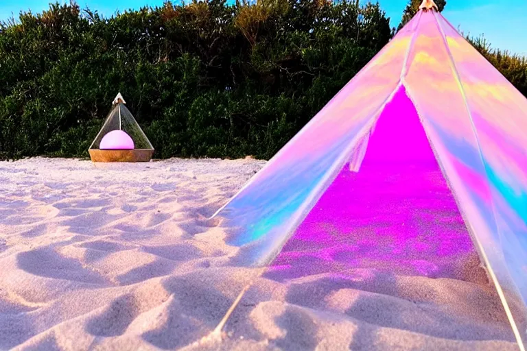 Image similar to a vintage family holiday photo of an empty beach from an alien dreamstate world with chalky pink iridescent!! sand, reflective lavender ocean water and a pale igloo shaped plastic transparent bell tent opposite a fire pit with an iridescence blue flame. refraction, volumetric, light.