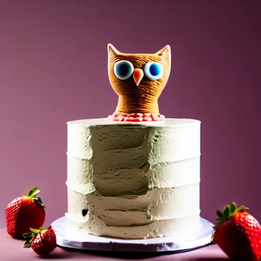 Prompt: photo of a cake, cat decoration, owl decoration, studio lighting, sharp focus