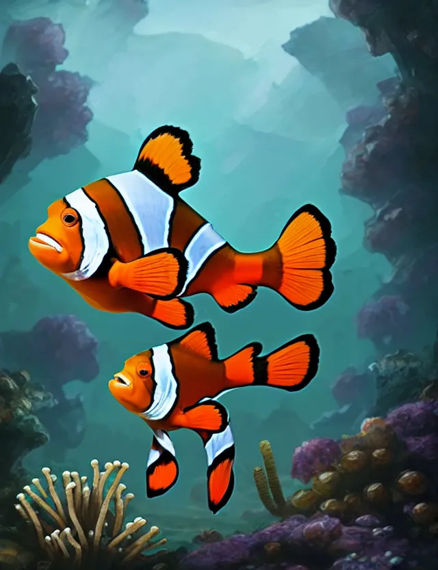 Prompt: a bipedal clownfish that is wearing full iron plate armor, and holding a colossal sword, over his shoulder, as a matte oil painting and d & d character art, standing, fullbody, bubbles, anemone, tall kelp, award - winning, extremely detailed, sharp focus