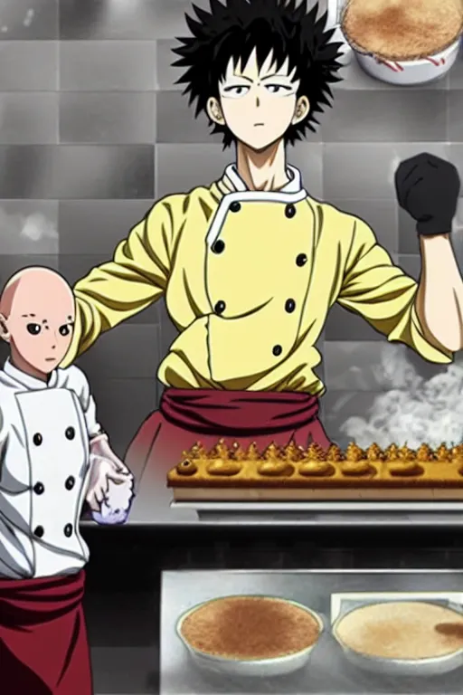 Image similar to chef saitama one punch man, dressed as a pastry chef, making a cake, masterpiece anime artwork