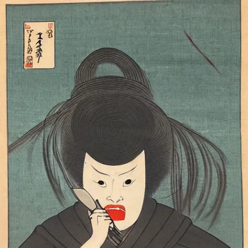 Image similar to a lady with sinister eyes holding a knife with blood on it, ukio-e style,