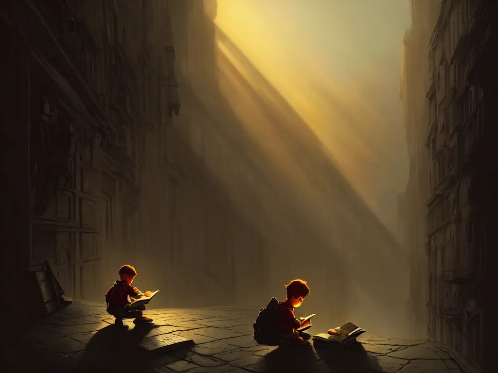 Prompt: kid reading a history book, dramatic lighting, cinematic, establishing shot, high detail, cinematic lighting, post processed, 8k, concept art, artstation, matte painting, in the style of eddie mendoza, raphael lacoste, alex ross