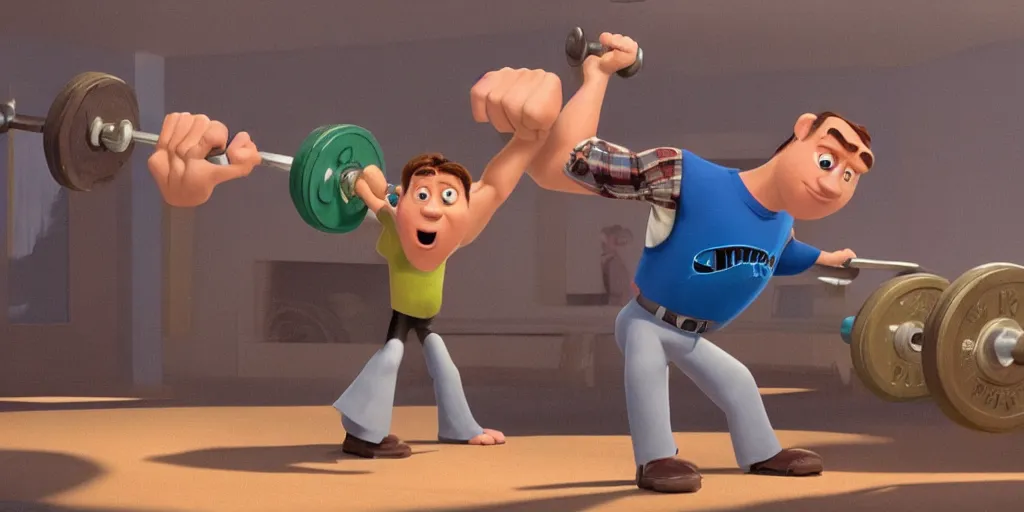 Image similar to Pixar movie art of Will Ferrell lifting weights