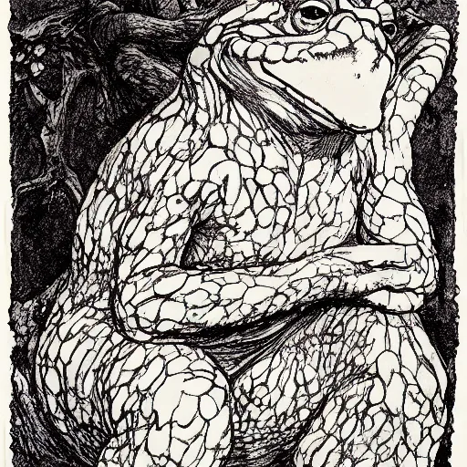 Image similar to toad philosopher toad in a pose The Thinker, swamp, by Auguste Rodin, illustrations by irish fairy tales james stephens arthur rackham, fairy tale illustrations,