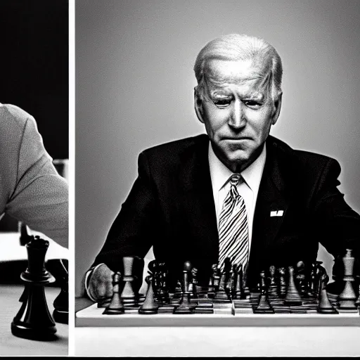 Image similar to joe biden playing chess against a clone of himself joe biden, black and white film, joe biden in the seventh seal