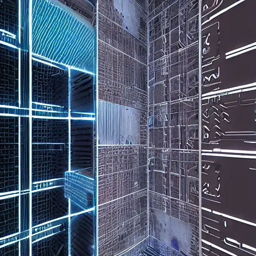 Prompt: hyper realistic ultra detailed elevator shaft made of cybernetic cameras melded in walls, camera:2.001187, by Sparth and Beeple and Lee Madgwick,:1,by Mari K on artstation, Voxel Pusher , Metarchitect ,Cube Lover,artstation