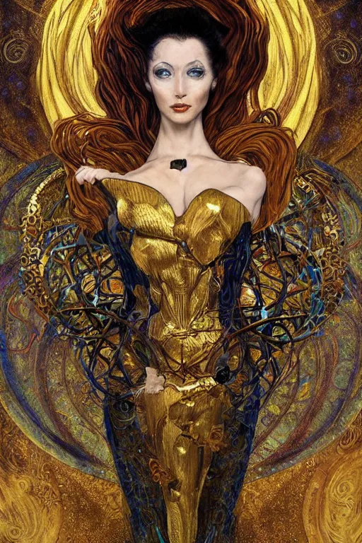 Image similar to Intermittent Chance of Chaos Muse by Karol Bak, Jean Deville, Gustav Klimt, and Vincent Van Gogh, trickster goddess, enigma, Loki's Pet Project, destiny, Poe's Angel, fate, Surreality, inspiration, muse, otherworldly, fractal structures, arcane, ornate gilded medieval icon, third eye, spirals