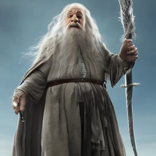 Prompt: danny devito as gandalf the white, lord of the rings movie, full body, hyper realist, high quality, wide angle, illustration, digital art