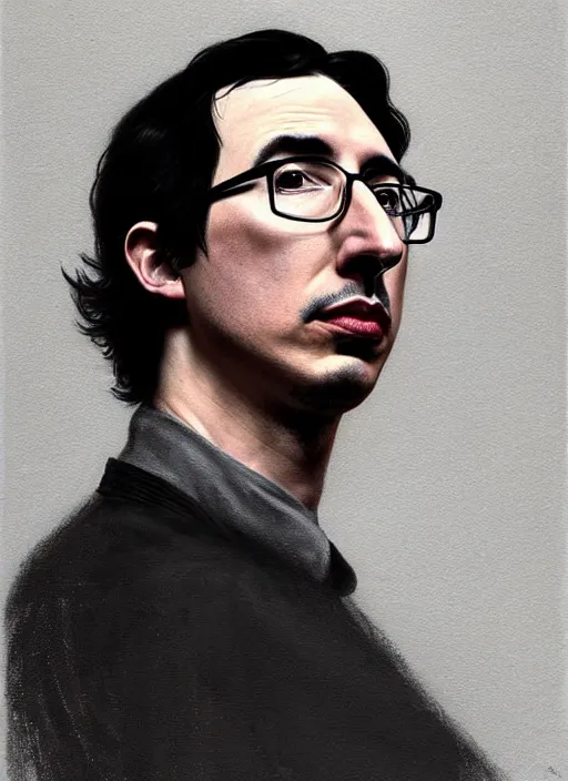 Image similar to painting of both john oliver and adam driver together, john oliver, adam driver, stoic, full body, military uniform, fantasy, intricate, elegant, beautiful, highly detailed, charcoal, centered, dark, smokey, digital painting, concept art, smooth, sharp focus, illustration, art by artgerm, art by greg rutkowski, art by alphonse mucha