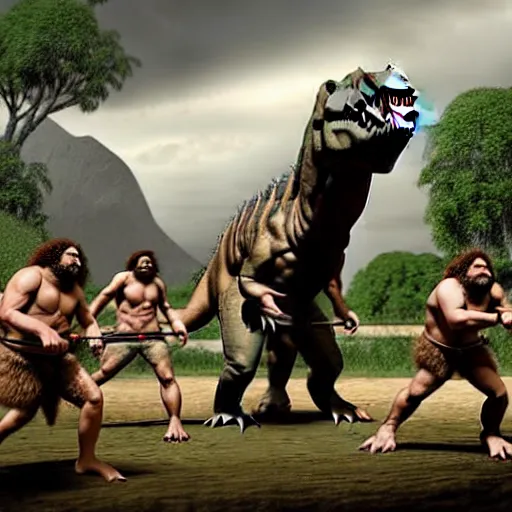 Image similar to A large dinosaur! fighting with several realistic detailed cavemen with proportioned bodies, next to the dinosaur are cavemen, the cavemen are armed with spears, the caveman are in a fighting stance, the cavemen are wearing animal furs, one caveman is stabbing the dinosaur with his spear, one caveman is cowering in fear, coarse canvas, visible brushstrokes, intricate, extremely detailed painting by William Turner (and by Greg Rutkowski)