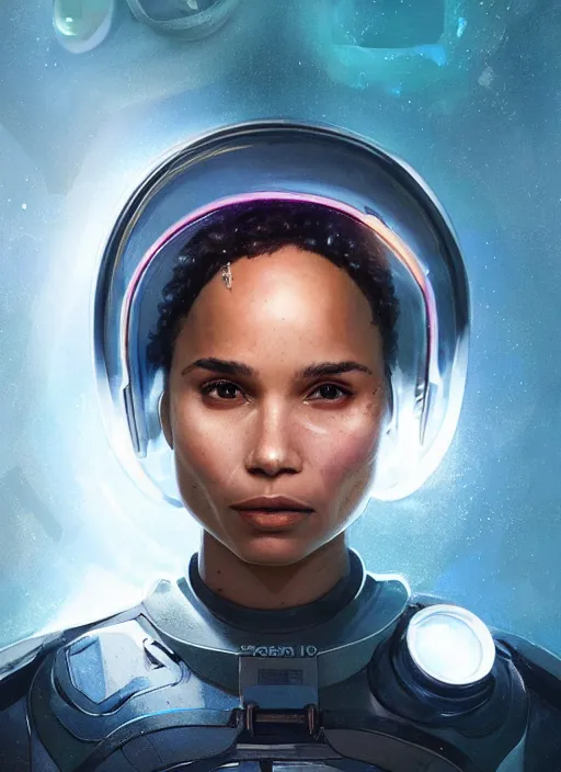 Image similar to Zoe Kravitz with short hair as a futuristic astronaut, helmet with led lights, underwater in the ocean at night, clear water, volumetric lighting, glowing lights, 4k, octane, digital painting, artstation, concept art, sharp focus, illustration, art by artgerm and greg rutkowski and alphonse mucha , wide angle view,