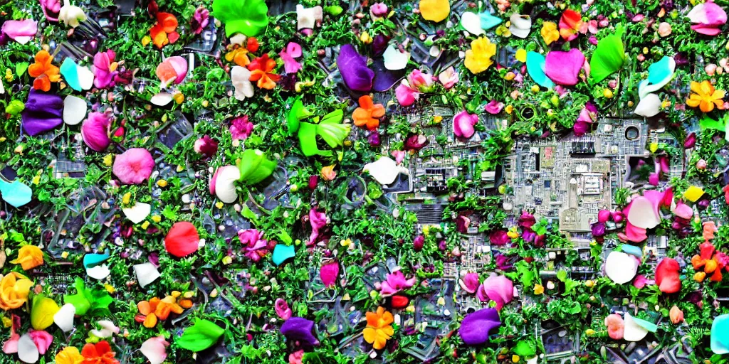 Prompt: computer motherboard overgrown with tiny! beautiful! lush!!! flowers, flower petals, leaves