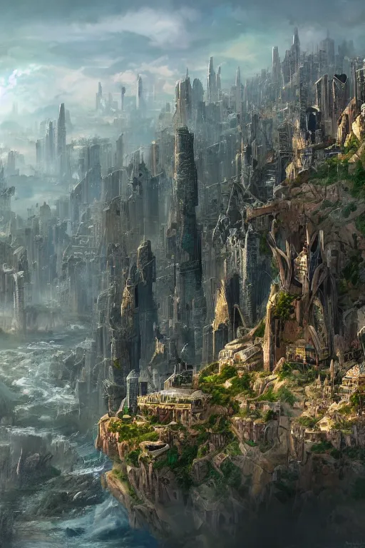 Image similar to fantasy metropolis of tall towers at the top of a cliff looking over a river, matte painting, concept art, trending on artstation, HD