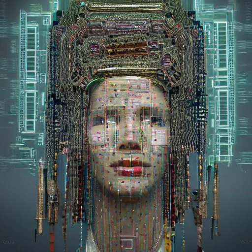 Prompt: tapping in to something greater, piles of modular synth cables, goddess portrait wearing a big headpiece made of circuit boards in a photo shoot for balenziaga, wlop, stanley kubrick, masamune, unique perspective, eastman color, perfect details, trending on artstation, 3 d render, smooth render, wlop