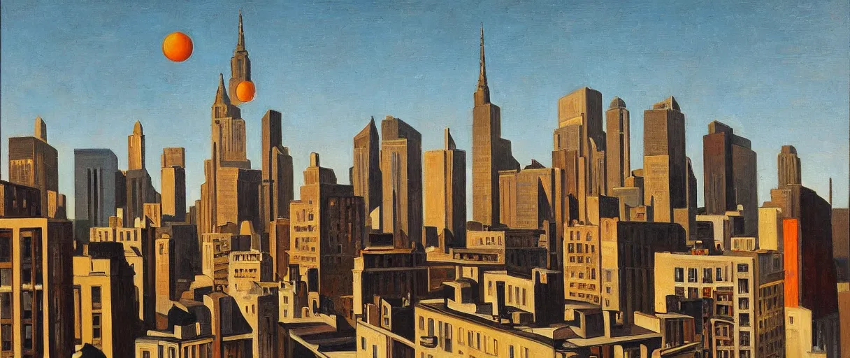 Image similar to Manhattan hanging sun in winter, street view, warm lighting, oil painting, by Giorgio de Chirico