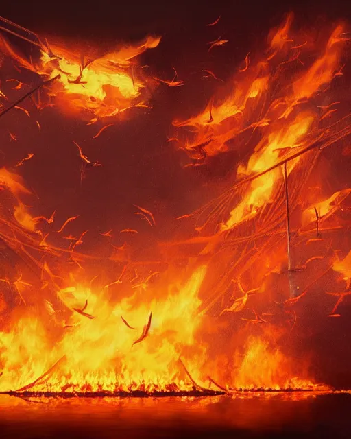 Image similar to in the lower part of the picture is the harp burning in the fire, above are cranes flying in flames, digital painting, concept art