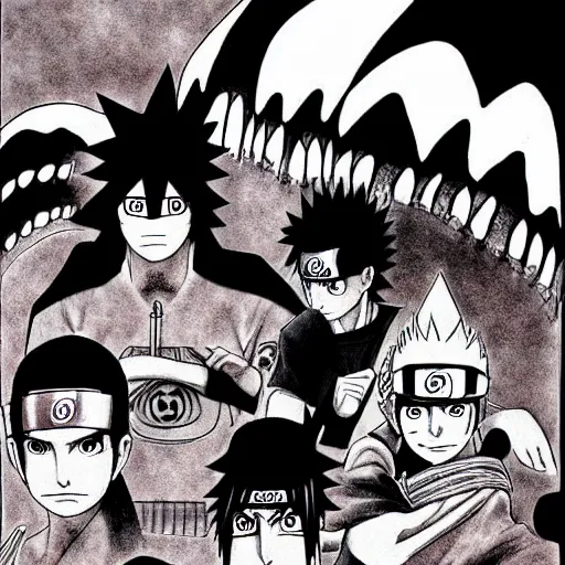 Image similar to Sasuke and Frank Zappa vs Naruto manga panel award winning black and white art by Frank Zappa and Kishimoto highly detailed pen and ink matte painting